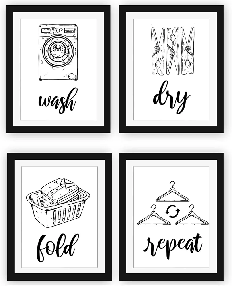 Modern 5th Laundry Room Signs (Set of 4 Unframed - 8 x 10 Inches), Wash Dry Fold Repeat, Typography Wall Art Decor Prints, Black and White Print Unframed