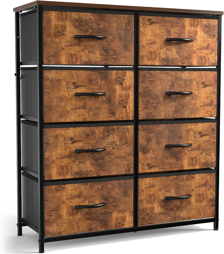 SMUG Dresser for Bedroom, Tall Dresser with 8 Drawers, Storage Tower with Fabric Bins, Double Dresser, Wooden Top, Chest of Drawers for Closet, Living Room, Hallway, Children's Room, Rustic Brown