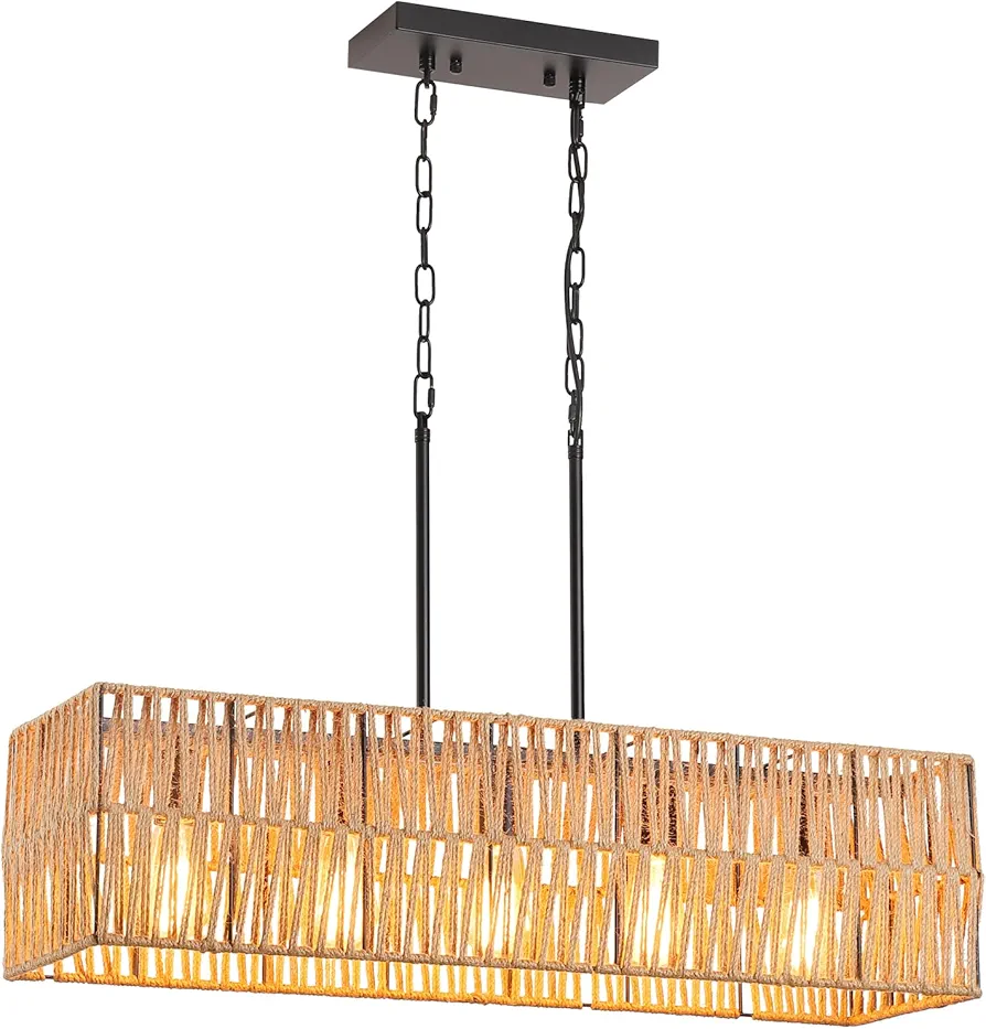 5-Light Coastal Woven Kitchen Island Light Fixture, Hemp Rope Rectangular Dining Room Chandeliers, Rustic Boho Linear Pendant Lighting for Dining Room Kitchen Island Farmhouse, Black