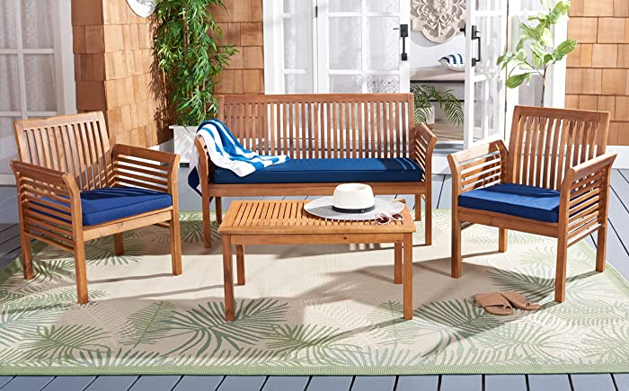 SAFAVIEH Outdoor Collection Carson Natural/ Navy Cushions 4-Piece Conversation Patio Set