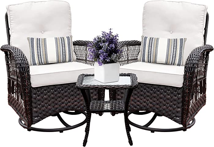 Harlie & Stone Outdoor Swivel Rocker Patio Chairs Set of 2 and Matching Side Table - 3 Piece Wicker Patio Bistro Set with Premium Fabric Cushions (Dark Wicker and Beige)