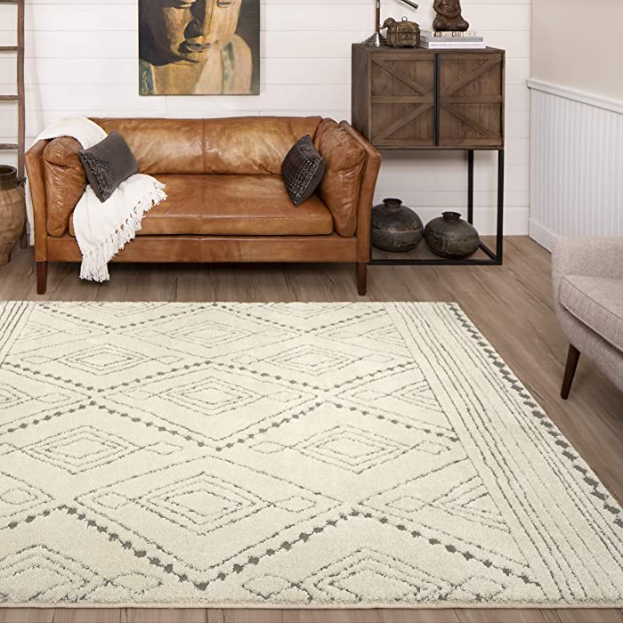 Mohawk Home Nomad Vado Cream Hi/ Low Geometric Diamond Woven Shag Area Rug, 10'x14', Ivory