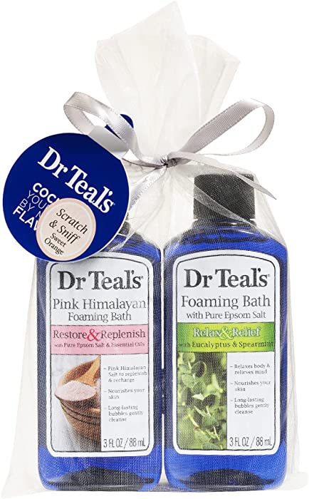 Dr Teal's Foaming Bath Holiday Gift Combo Pack (6 fl oz Total): Restore & Replenish with Pink Himalayan Salt and Relax & Relief with Eucalyptus and Spearmint. Treat Your Skin, Senses, and Stress