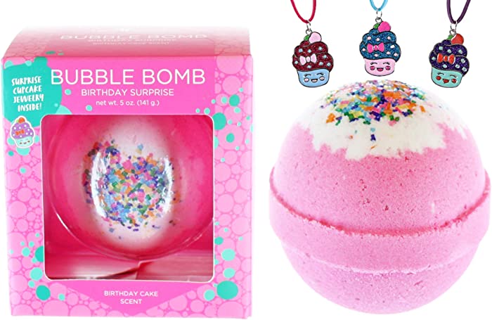 Bubble Bath Bomb for Girls with Surprise Kids Necklace Inside by Two Sisters Spa. Large 99% Natural Fizzy in Gift Box. Moisturizes Dry Sensitive Skin. Releases Color, Scent, Bubbles. (Birthday)