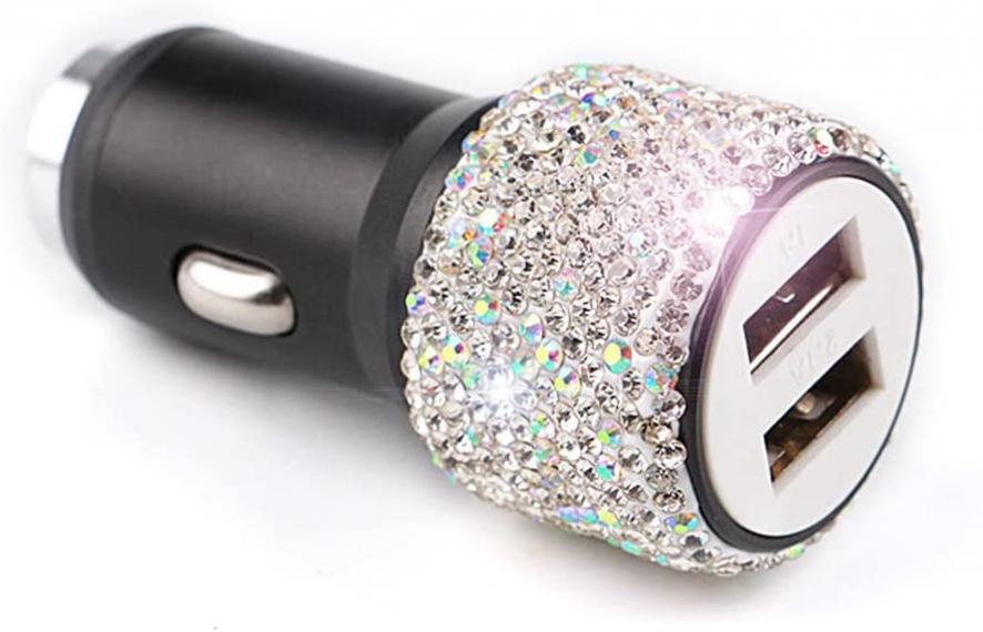 Bling Dual USB Car Charger Adapter, 18W Output Handcrafted Rhinestones Crystal QC3.0 Fast Charging Adapter for iPhone 13/12/12 Pro Max/XS, Samsung Galaxy, Auto Accessories for Women Men (Multicolor)