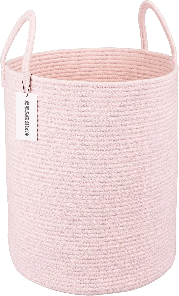 Cotton Rope Laundry Basket Hamper for Girls Kids Baby Nursery Hamper Bin Woven Storage Basket for Living Room Girls room Boho Tall Rope Baskets for Blanket Toys Large light pink