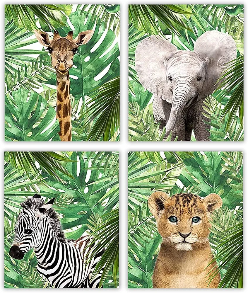 MARIA Safari Nursery Decor, Set of 4 Unframed Nursery Wall Art, Jungle Theme Baby Room Decor, Zoo Theme Baby Room, Baby Girls & Boys Nursery Decor, Safari Themed Home Decor Picture (8x10 inches)