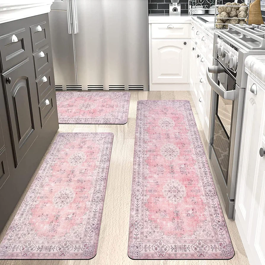 Boho Kitchen Rugs Sets of 3 Non Slip Rubber Kitchen Mats for Floor Machine Washable Runner Rug Set for Kitchen Laundry Room Entryway Pink