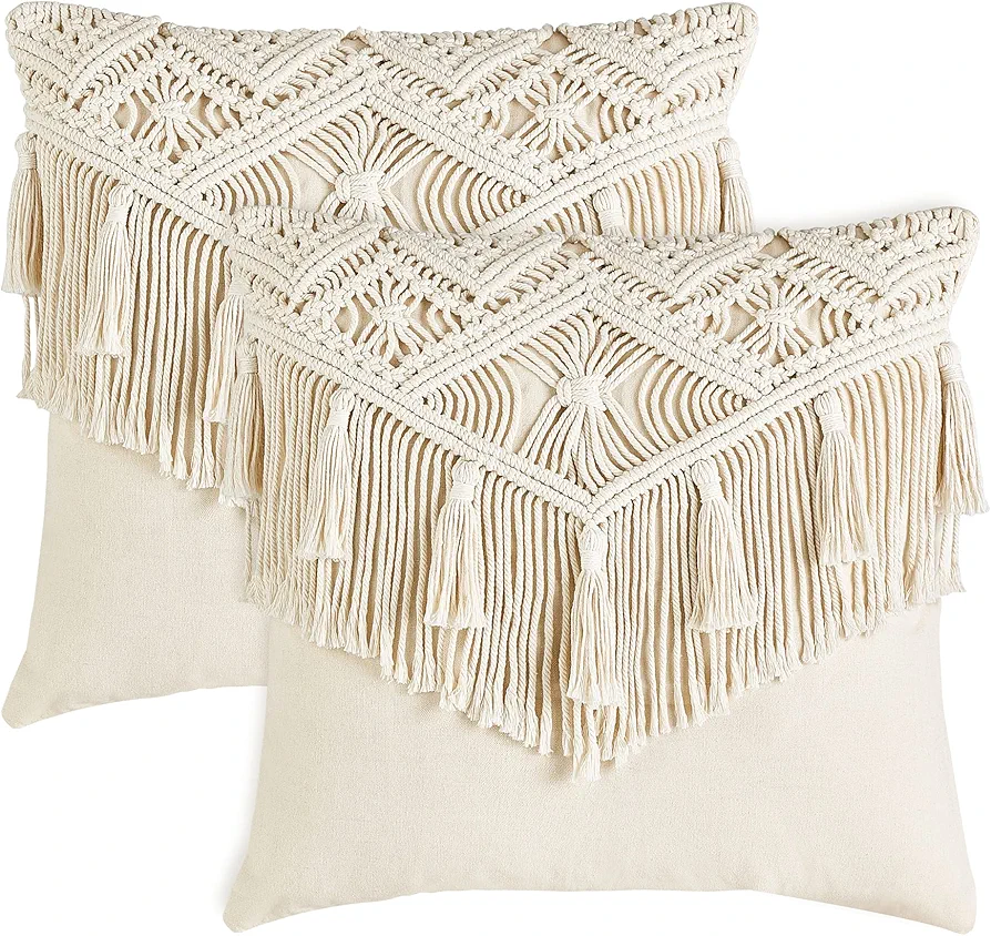 Mkono Boho Throw Pillow Covers, Macrame Square Pillow Cases with Tassels for Bed Sofa Bench Car Stylish Cushion Room Decor, Christmas New Year Gifts, Set of 2 Decorative Cushion Cover (17"x17")