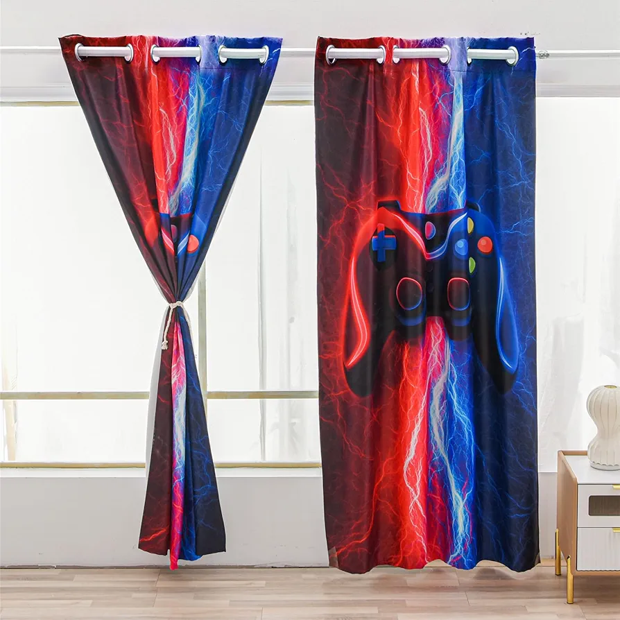 Meeting Story Gaming Curtains for Boys Bedroom, Tie Dye Lightnings Gamepad Blackout Drapes 2 Panels(Redlue,42 * 72)