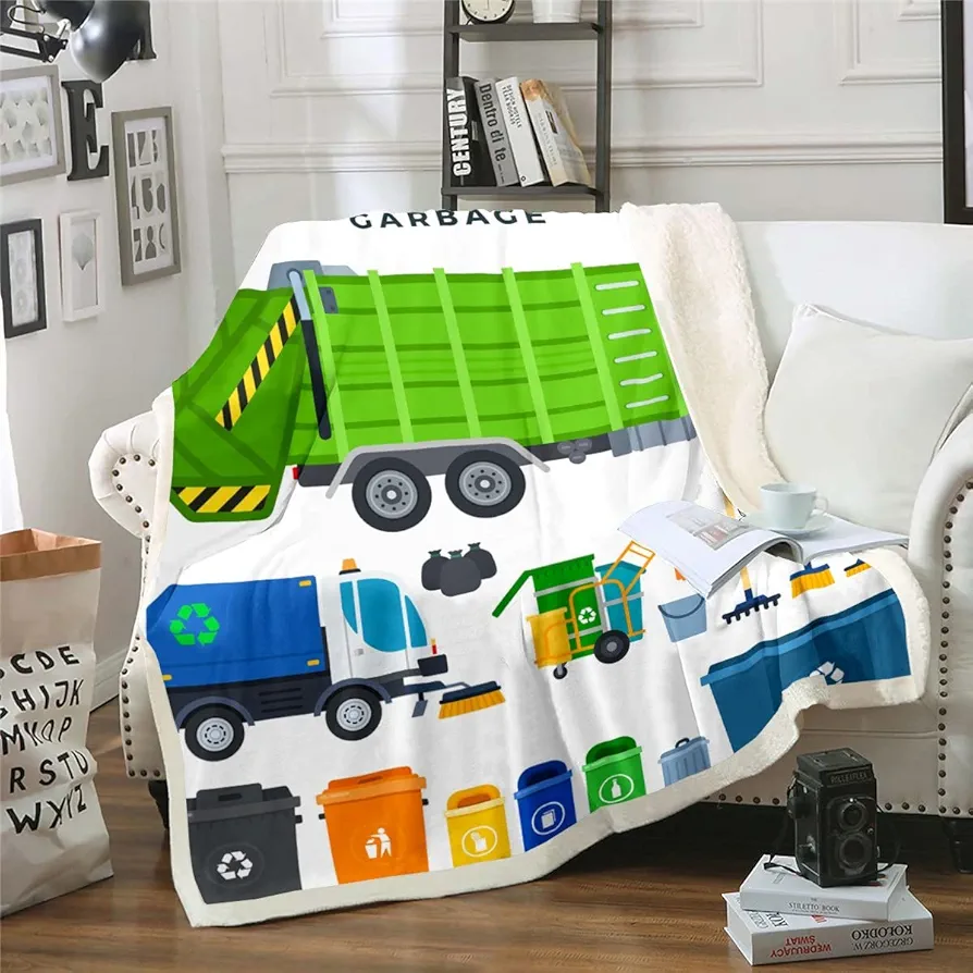 Erosebridal Kids Garbage Truck Blanket for Boys Room Decor, Green Truck Throw Blankets for Bed, Recycling Trash Can Dumpster Fleece Blanket, Waste Management Vehicle Fuzzy Blanket (40x50 Size)