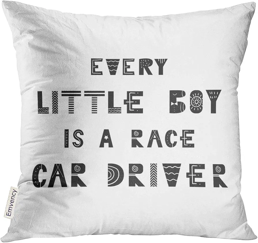 Emvency Throw Pillow Cover Animal Every Little Boy is Race Car Driver Cute Nursery with Lettering in Scandinavian Style Kids Decorative Pillow Case Home Decor Square 16x16 Inches Pillowcase