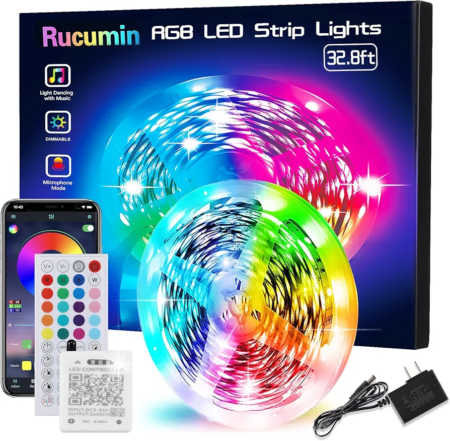 32.8FT Led Lights for Bedroom，Rope Lights，Music Sync Color Changing Led Strip Lights with APP and 44 Keys Remote Control, RGB Led Light Strips for Party Christmas Kitchen Room Decor(32.8FT*1)