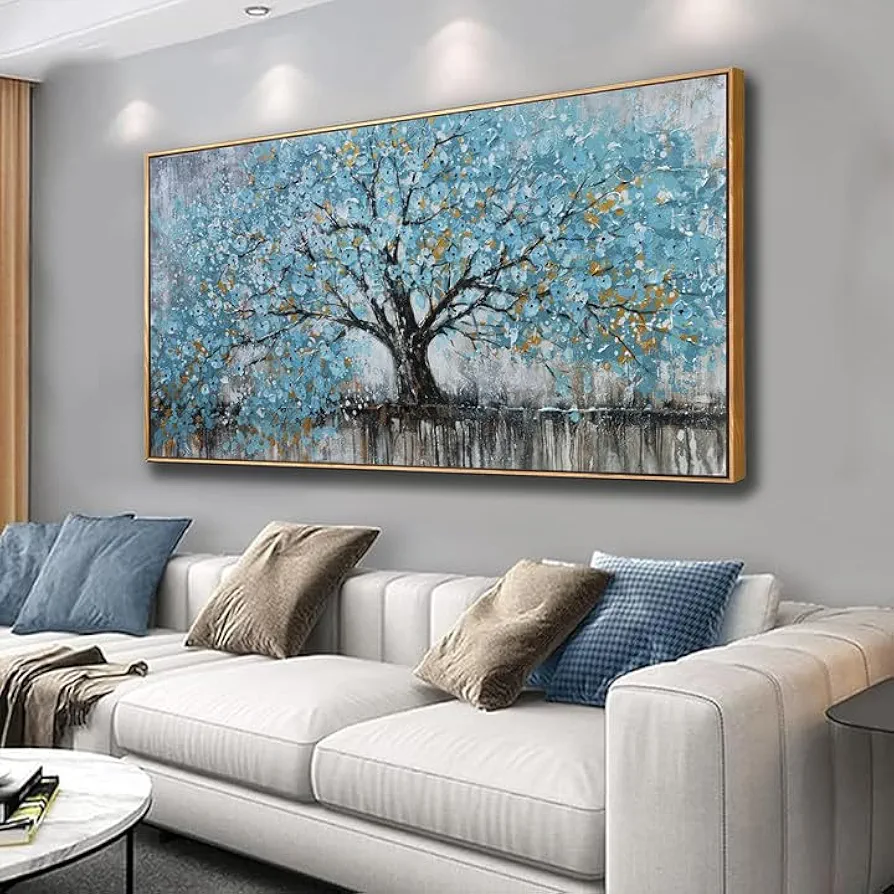 Wall Art Teal Blue Nature Tree Of Life Abstract Canvas Painting Textured Picture Modern Wall Art Landscape Artwork Framed For Living Room Bedroom Bathroom Office Home Decor 20"X40"Painting