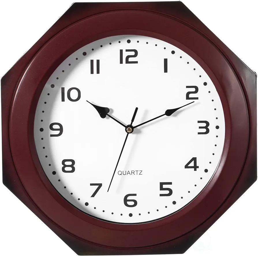 Quickway Imports Brown Modern Decorative Octagon Shaped Wood- Looking Plastic Wall Clock for Living Room, Kitchen, or Dining Room