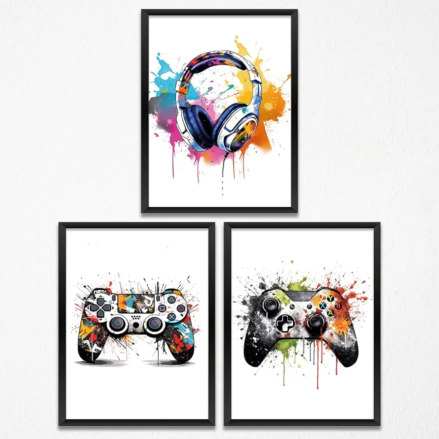 3 Pcs Watercolor Graffiti Gaming Wall Art Prints Boys Room Decor Game Room Decor Gamer Funny Wall Decor Paintings Posters for Office Home Playroom Gifts for Men, Him, Friends, Son, Brother, Unframed