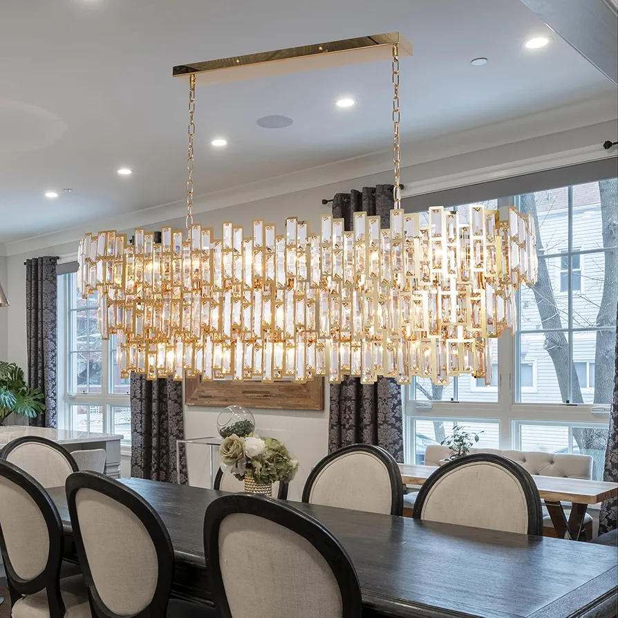 Crystal Chandeliers for Dining Room Modern Chandelier Rectangle Contemporary Pendant Lighting Fixture Gold Linear 17 Lights Rectangular