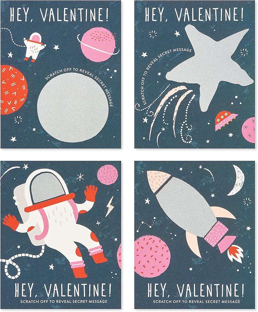 American Greetings Valentines Day Cards for Kids Classroom, Scratch-Off Space and Astronauts (40-Count)