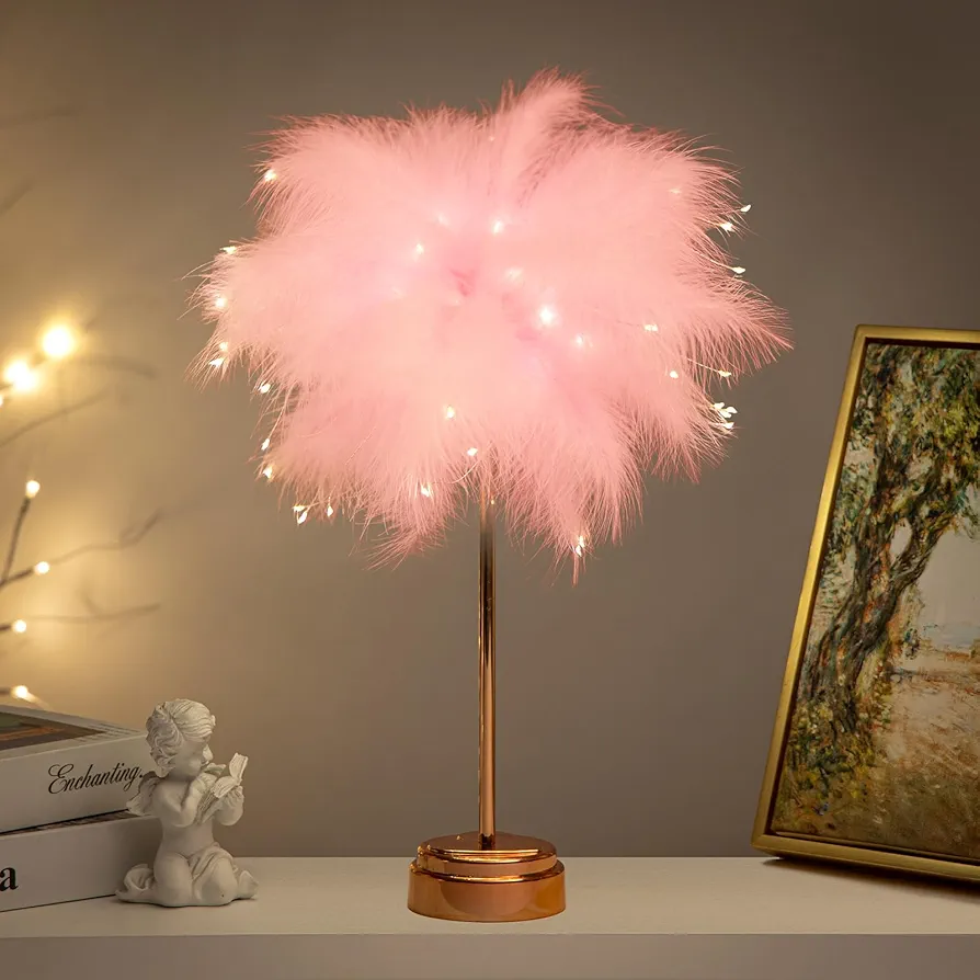 Pink Feather Lamp - LED Atmosphere Feather Night Lights Bedside Lamps for Mother, Girlfriend Home Girl Room Wedding Decoration