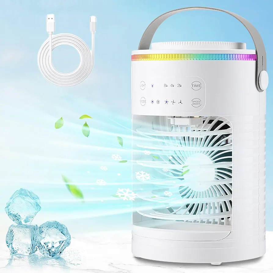 Portable Air Conditioners, 3 Speeds Rechargeable Evaporative Personal Air Cooler& 7 Colors LED Light, 2-8H Timer Mini Cooling Fan for Room, Office, Car(White)