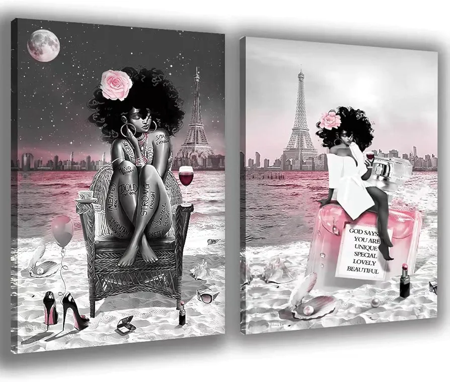 Black Girl African American Wall Art Decor Women Pink And Grey On Beach Eiffel Tower Abstract Canvas Paintings Pictures Posters Prints Bathroom Artwork For Wall Bedroom No Frame 16x24in (40x60cm)