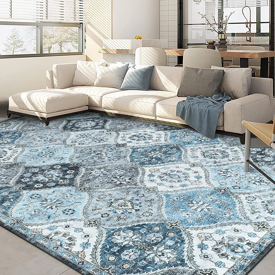 Moroccan Rugs 8x10 Rug for Living Room,Large Washable Area Rug Ultra-Thin Soft Carpet, Oriental Trellis Bedroom Rug Distressed Non Shedding Throw Rug for Dining Room Office 8'x10' Blue/Grey