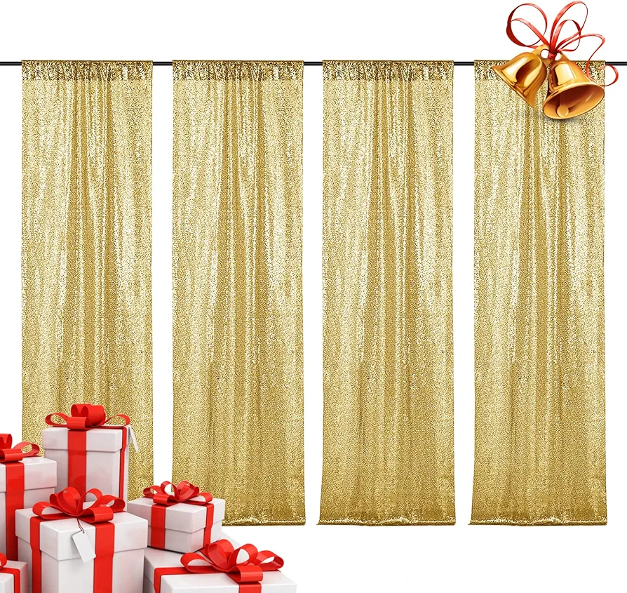 4PCS Gold Sequin Backdrop Curtain, 2FTx8FT Glitter Backdrop Curtain for Christmas, Birthday, Wedding, Party Decoration Wedding Party Stage Decorations Fabric Sparkle Photography Background