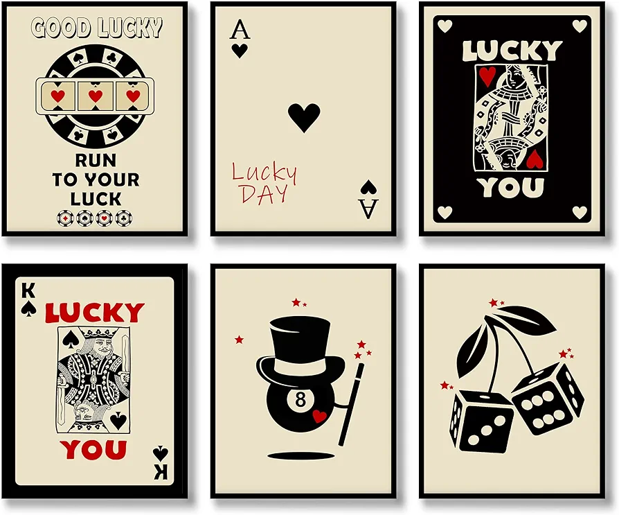 Luodroduo Poker Wall Art Set of 6 Trendy Retro Ace Queen Lucky Minimalist Wall Decor Funky Playing Card Canvas Fashion Aesthetic Poster for Bedroom Living Room Gallery Bar (A, 8"x10" UNFRAMED)