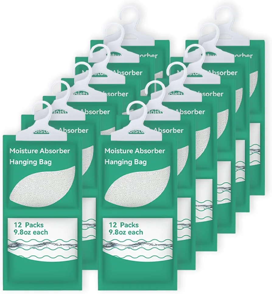 Moisture Absorbers Packets, Fragrance Free (12 Pack), Humidity Packs, Hanging Closet Dehumidifier Bags, Moisture Absorb 9.8OZ Hanging Bags for Bedroom, Kitchen, Basement, Storeroom, Study