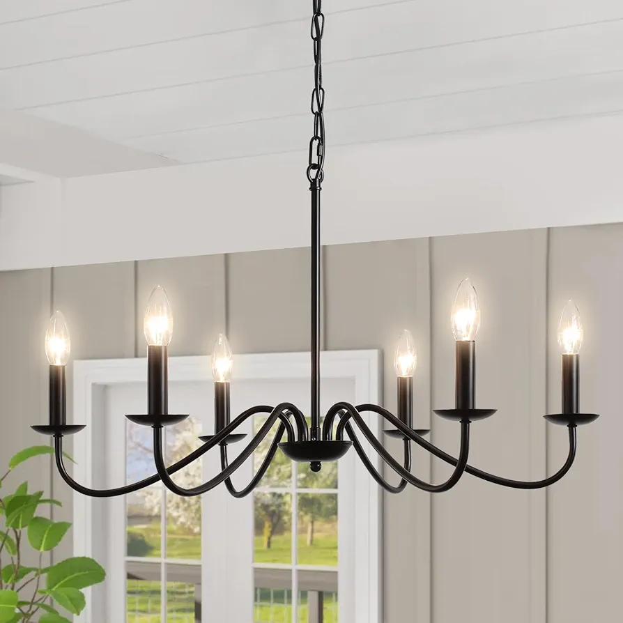 Black Chandelier, 6-Light Farmhouse Chandelier for Dining Room Lighting Fixture, Rustic Industrial Modern Candle Chandelier for Bedroom, Kitchen, Living Room, Foyer, Hallway and Entryway