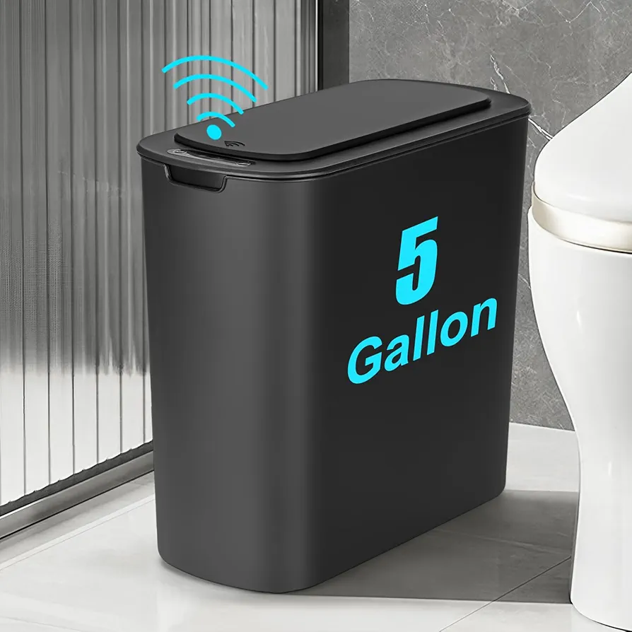 5 Gallon Bathroom Trash Can Automatic Trash Can with Lid Touchless Electric Garbage Can Motion Sensor Trash Bin Smart Plastic Waste Basket for Bathroom Bedroom Living Room Kitchen (Black)