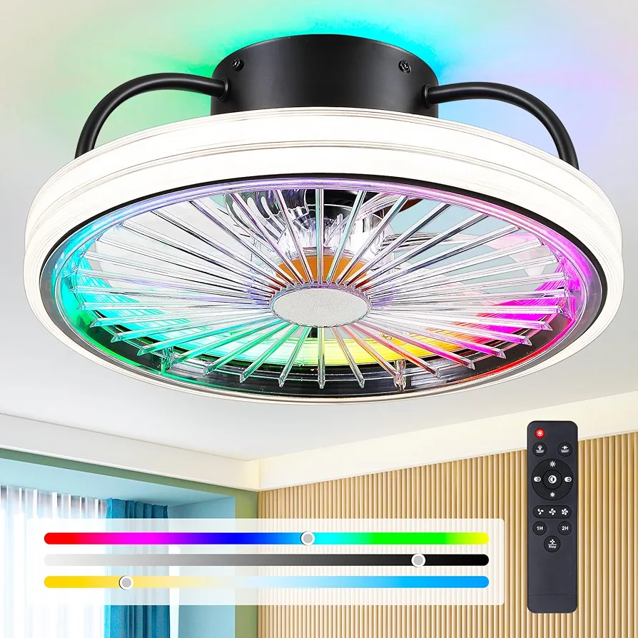 Low Profile Ceiling Fan with Light - Modern Flush Mount Ceiling Fan,15" RGB Dimmable LED Enclosed Ceiling Fans,Modern Bladeless LED-RGB Ambient Light for Bedroom Kids Room Party（Black）