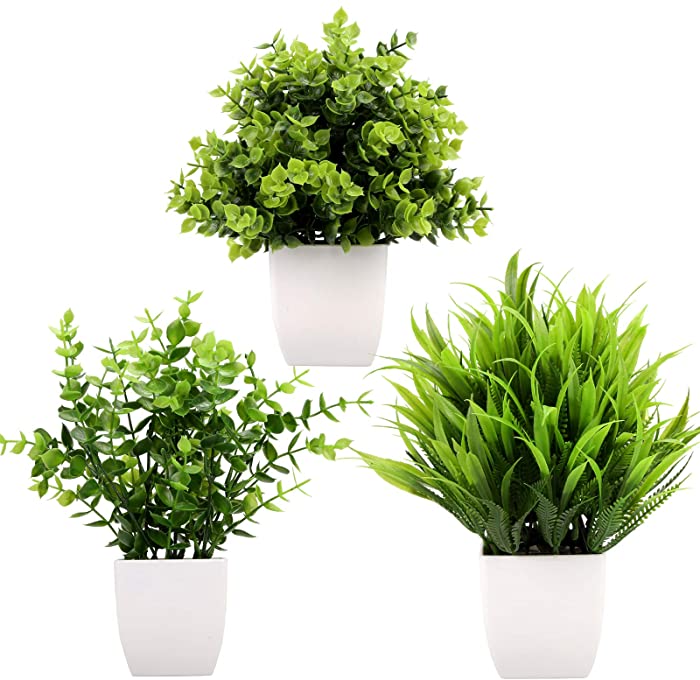 Greentime 3Pack Mini Fake Plants in Pots,Artificial Plastic Eucalyptus Plants,Wheat Grass Potted Faux Plants Indoor for Office Desk Coffee Table Bathroom Bedroom Home Decorations