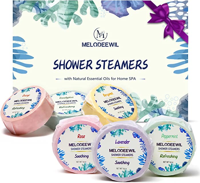 MELODEEWIL Aromatherapy Shower Bombs, Pack of 6 Natural Essential Oil Shower Steamers, Refresh or Unwind Shower Tabs Bath Bombs, Fantastic Gift for Girls, Mom or Friends