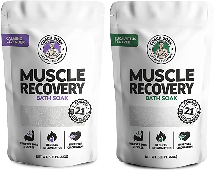 Coach Soak: Muscle Recovery Bath Soak - Natural Magnesium Muscle Relief & Joint Soother - 21 Minerals, Essential Oils & Dead Sea Salt - Absorbs Faster Than Epsom Salt for Soaking (Lavender+Eucalyptus)