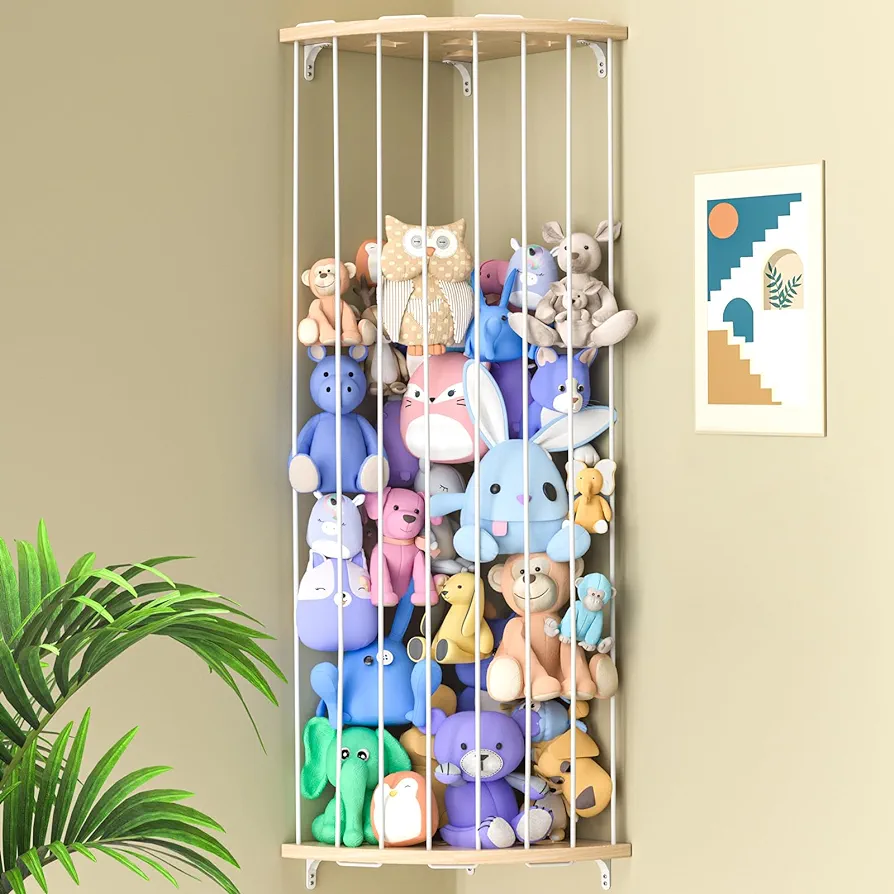 Stuffed Animal Storage Wood Corner Plush Toys Holder with Star Pattern, Length Adjustable Hanging Stuffed Animal Toy Organizer Shelf for Nursery Play Room Bedroom Kid Room