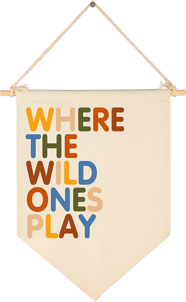 Where The Wild Ones Play - Canvas Hanging Pennant Flag Banner Wall Sign Decor Gift for Nursery Baby Kids Girl Boy Teen Bedroom Playroom Front Door- Baby Gift Shower Flay-Birthday Christmas Gift