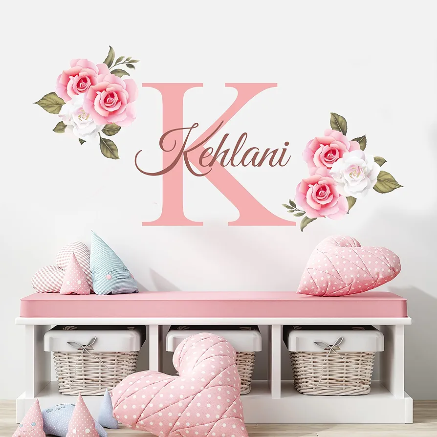 Name and Initial Roses Wall Decal - Kids Wall Decor - Custom Name Removable Nursery Wall Decal for Girl - Flower Mural Wall Decal for Girls Bedroom - Flowers Name Sticker Decor