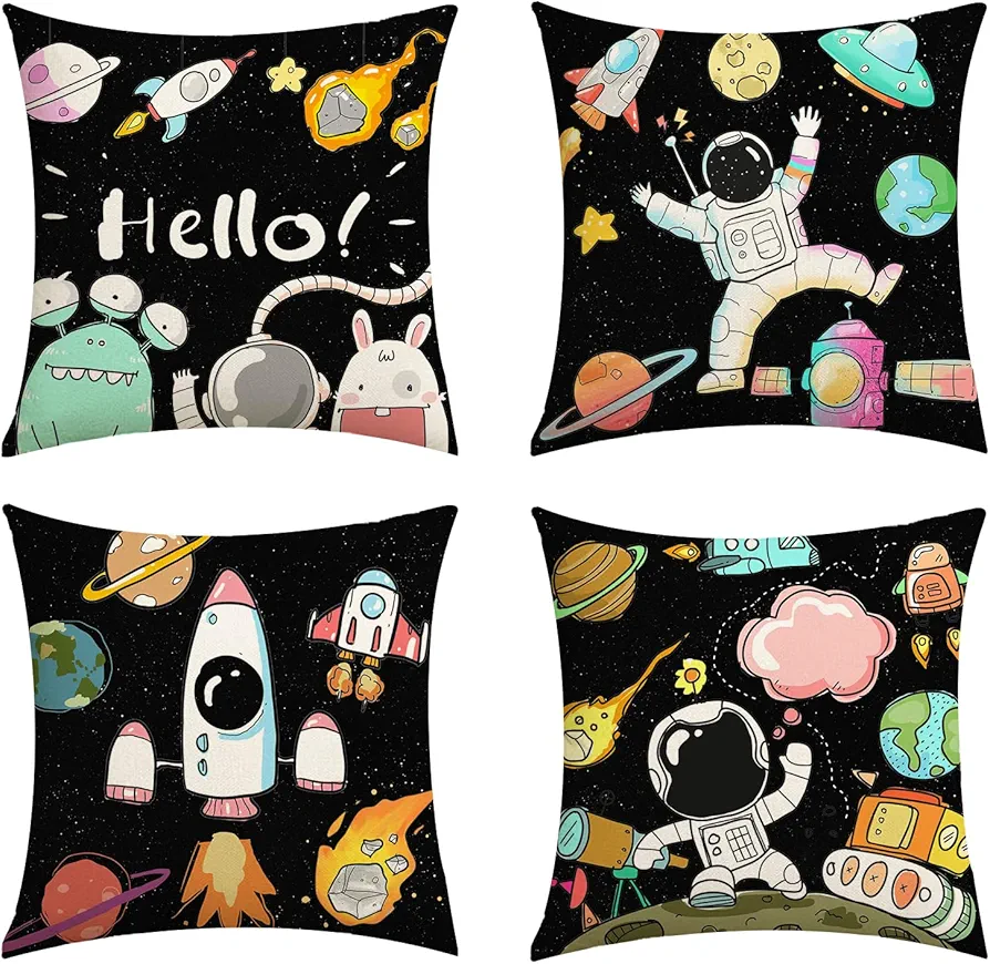 Kids Room Decorative Pillow Covers Space Universe Pillow Covers 18x18 Inch, Astronauts Rockets Spaceship Cushion Covers Set of 4 for Boys Bedroom Home Decor