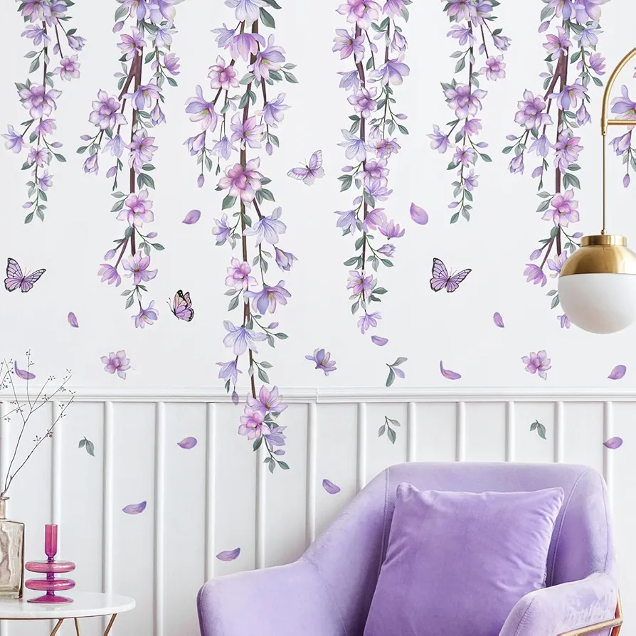 Hanging Creative Removable DIY Purple Flower and Vines Some Flying Butterfly Wall Sticker Waterproof Vinyl Wall Decal Decor for Home Girls Bedroom Kids Room Bedroom Living Room Wall Corner