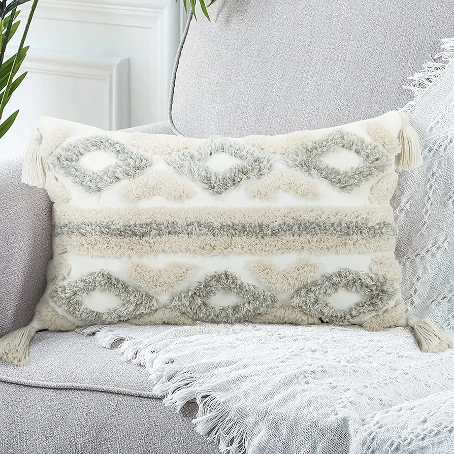 Merrycolor White Grey Boho Throw Pillow Covers 12x20 with Tassels Tufted DecorativeThrow Pillows Neutral Accent Pillowcase Farmhouse Square Cushion Covers for Couch Sofa Bedroom Living Room