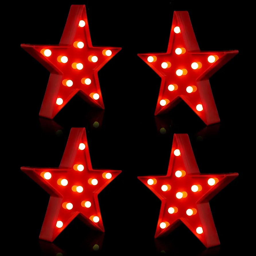 4 Pcs Star Plastic Night Light Battery Operated LED Marquee Star Sign Star Shaped Party Movie Theater Decor Room Wall Lamp for Kids Baby Child Girl Gifts, Birthday Party Christmas Home Bar (Red)