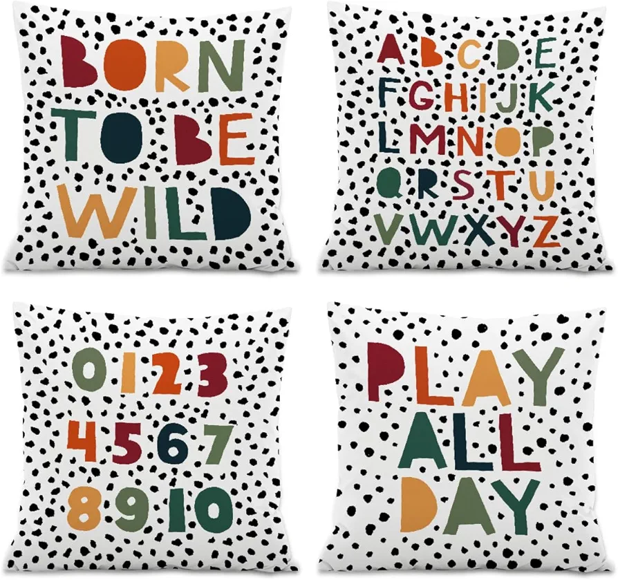 Born to Be Wild ABC Alphabet Throw PillowCovers,Play All Day,Kids Classroom Decorate PillowCovers for Kids Reading Room Playroom Nursery,18x18 Pillowcase Set of 4