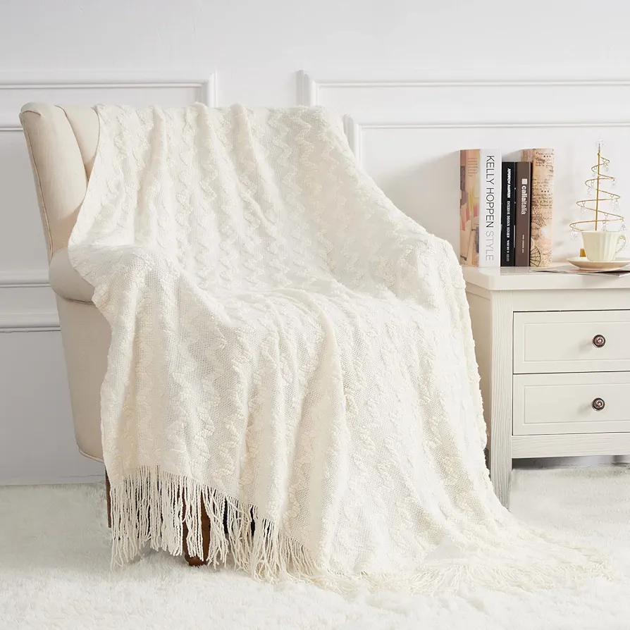 Knit Throw Blanket for Bed, Soft Lightweight Decorative Bed Throw Blankets, Jacquard Textured Boho Summer Throw Blanket with Tassels for Bed, Sofa and Living Room (White, 50 x 60 inches)