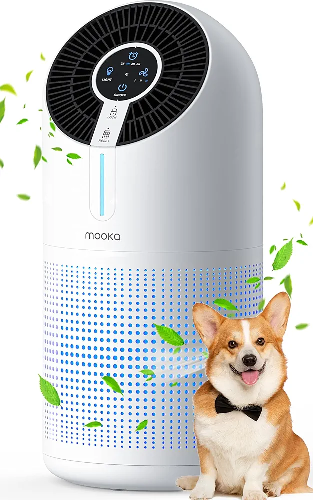 MOOKA Air Purifiers for Home Large Room up to 1095ft², H13 HEPA Filter Air Cleaner for Pets Bedroom Remove Smoke Dust Pollens Dander, Room Air Purifier with Timer Lock 4 Modes Night Light, M02