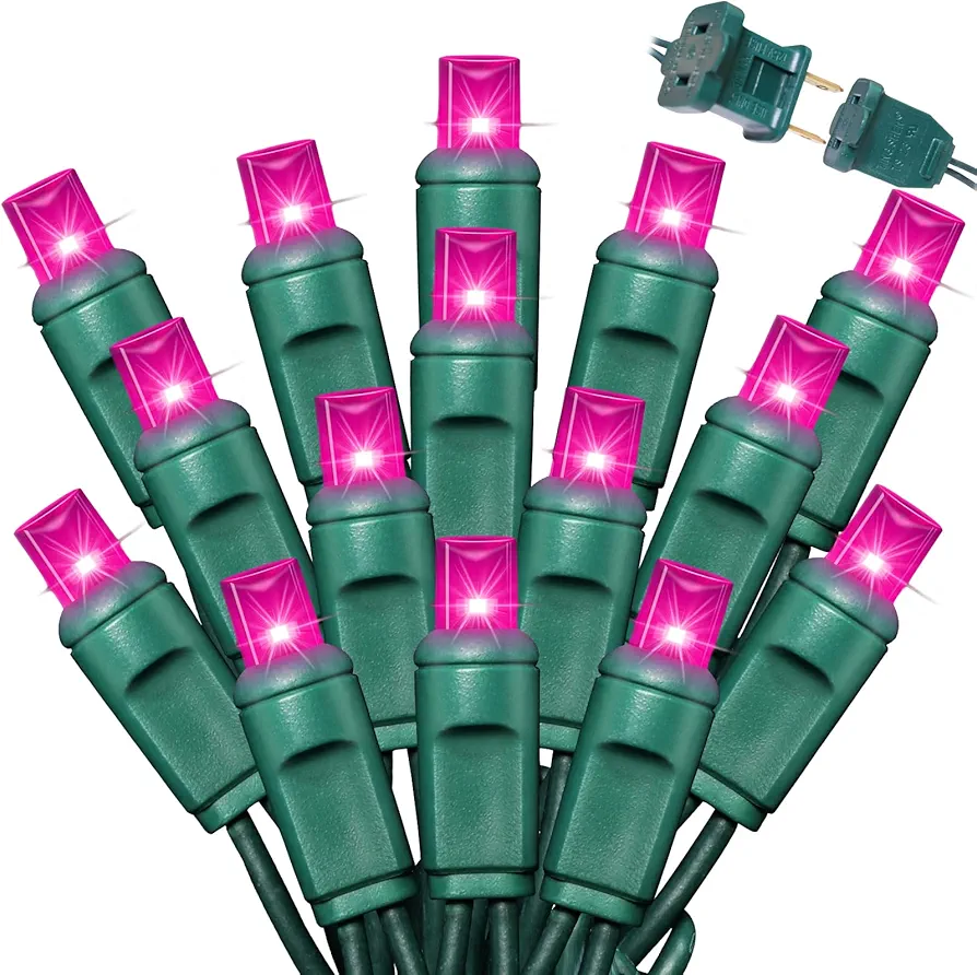 50LED String Lights,LED Christmas Lights,6" SPACING,Green Wire,Pink Colour,Commercial Grade