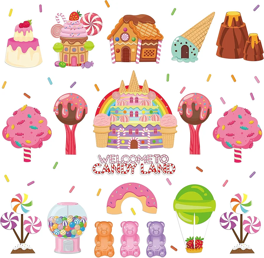 50Pcs Candyland Classroom Bulletin Board Decorations Set Welcome to Candy Land Ice Cream Donut Round Lollipop Cutouts Kids Sweet Birthday Themed Party Supplies Photo Props for Inside Wall