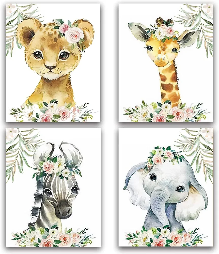 Animal Pictures Wall Art,Elephant Flower Woodland Crown Animals Adorable Art Print Set of 4 (8”X10”)- No Frame，Wall Art Poster for Nursery Baby Kids Room Home Decor,