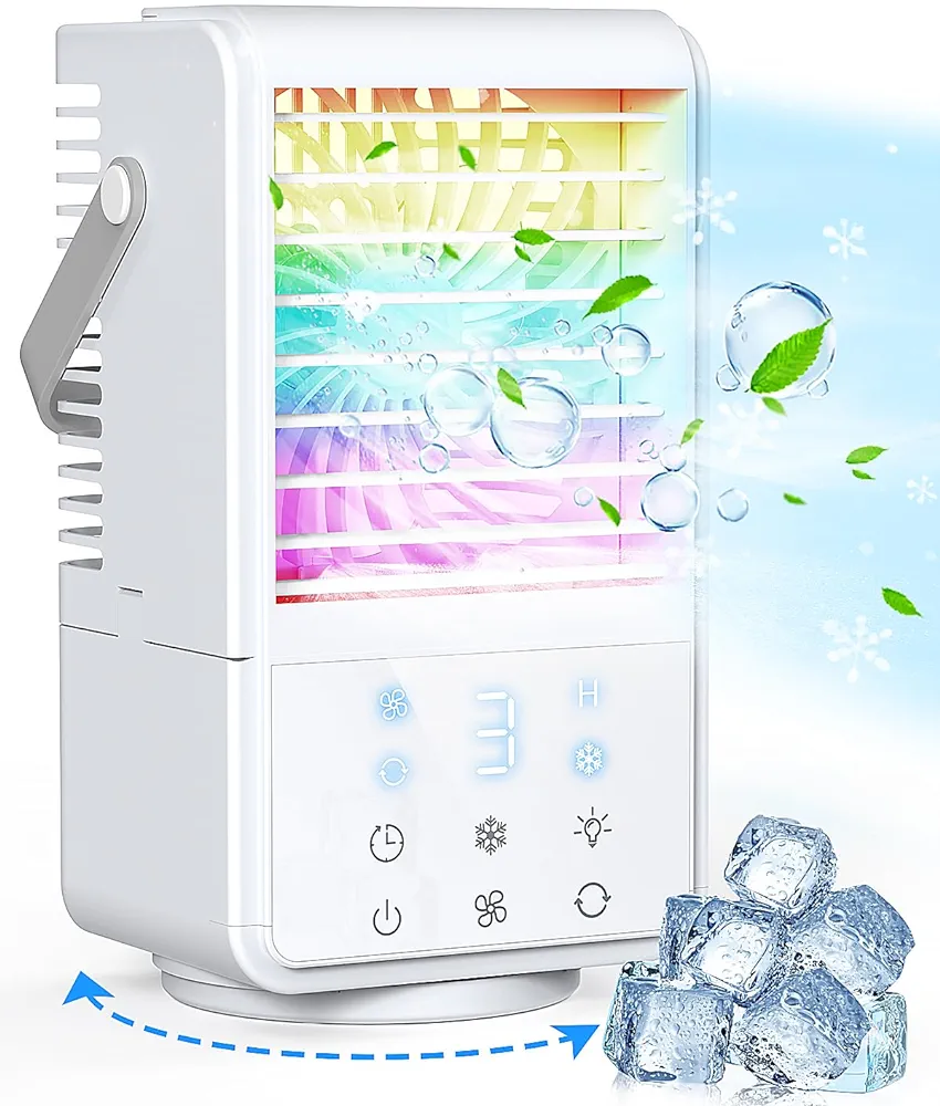 Portable Air Conditioners, 3 Wind Speeds & 2 Spray Modes Evaporative Personal Air Cooler, 9H Timer and 7 Color Night Light Personal Air Conditioner for Room, Car and Office, Oscillating Cooling Fan