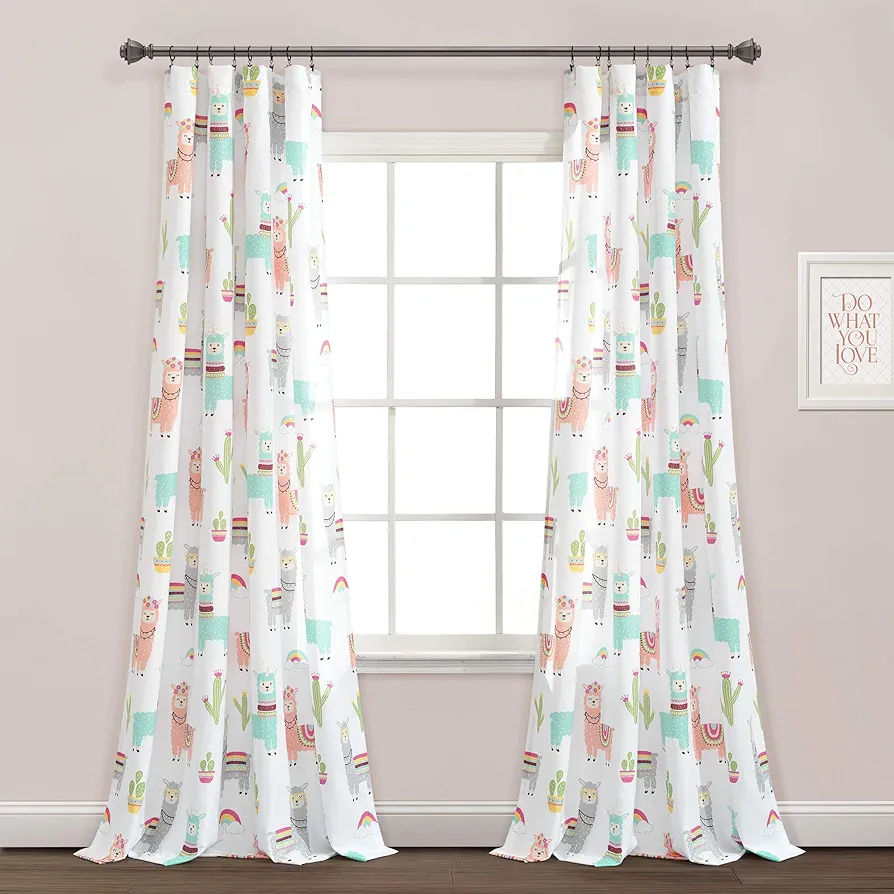 Lush Decor Southwest Llama Cactus Window Curtain Panel, Pair, 52" W x 84" L, White & Blush - Cute Colorful Boho Curtains for Kids Room